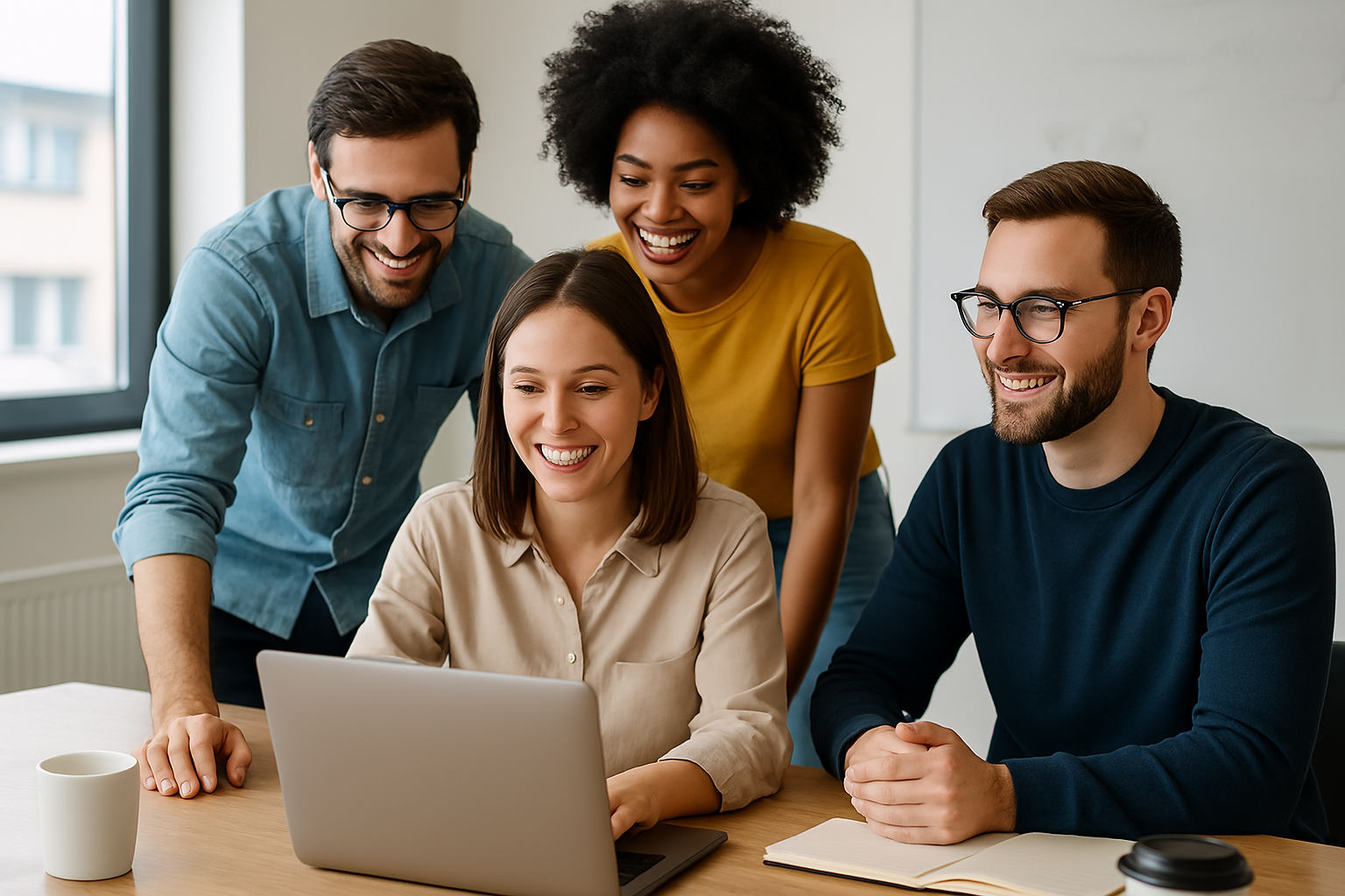 Team Nexora che collabora in un ambiente di lavoro sereno e produttivo